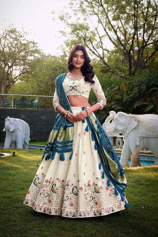 Lorenvalley Offwhite Khadi Cotton Sequins And Thread Embroidery Work Lehenga Choli with Dupatta | Swadesiicart
