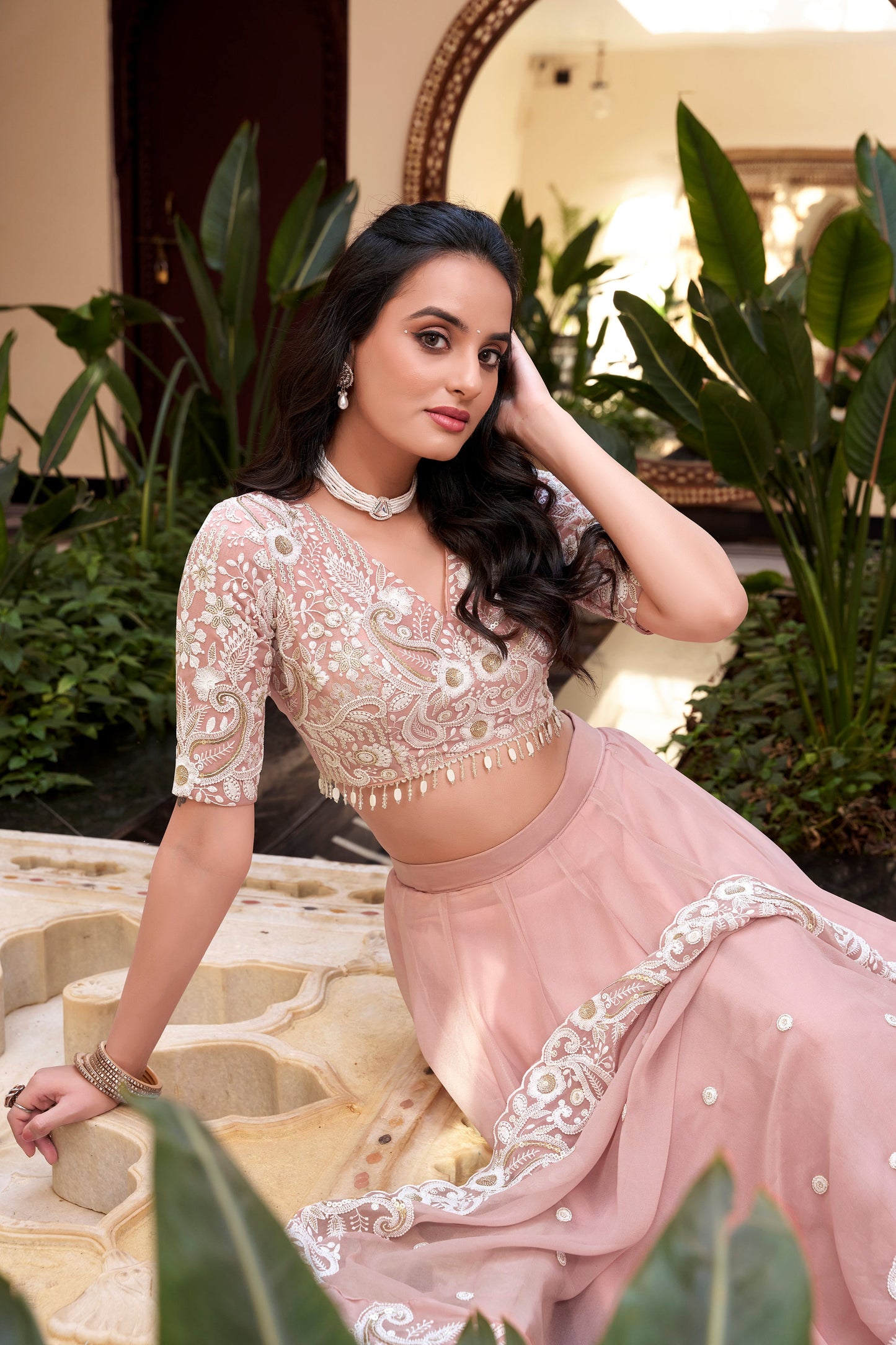 Lorenvalley Peach Weone Silk Embellishment With Pearl Coding And Sequins Embroidery Work Lehenga Choli with Dupatta | Swadesiicart