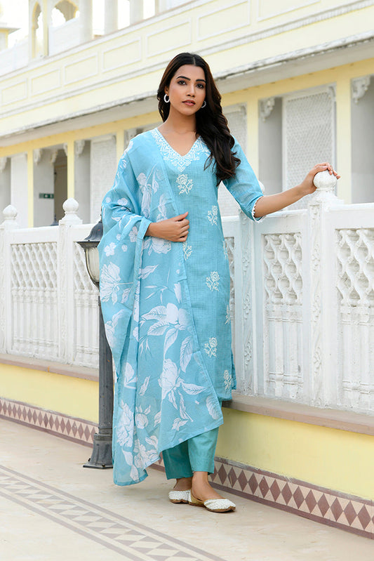 Vaasva Women Blue Kota Doria Embroidered Solid Kurta Set With Solid Pants & Printed Dupatta | Swadesiicart