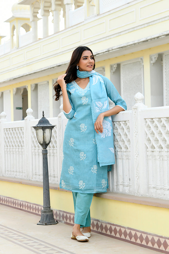 Vaasva Women Blue Kota Doria Embroidered Solid Kurta Set With Solid Pants & Printed Dupatta | Swadesiicart