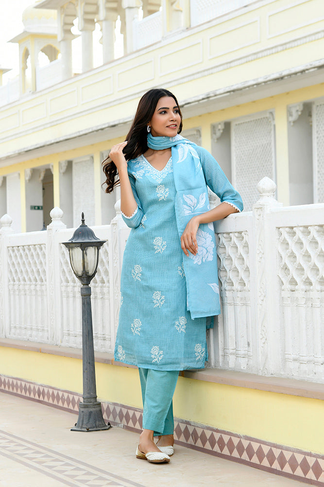 Vaasva Women Blue Kota Doria Embroidered Solid Kurta Set With Solid Pants & Printed Dupatta