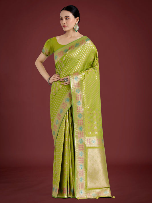 Monjolika Fashion Lime Green Colour Banarasi Silk Zari Weaving Classic Saree | Swadesiicart