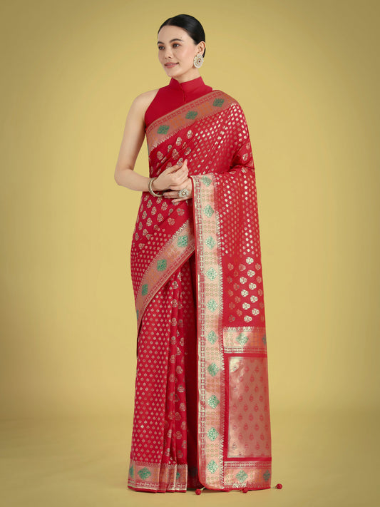 Monjolika Fashion Red Colour Banarasi Silk Zari Weaving Classic Saree | Swadesiicart