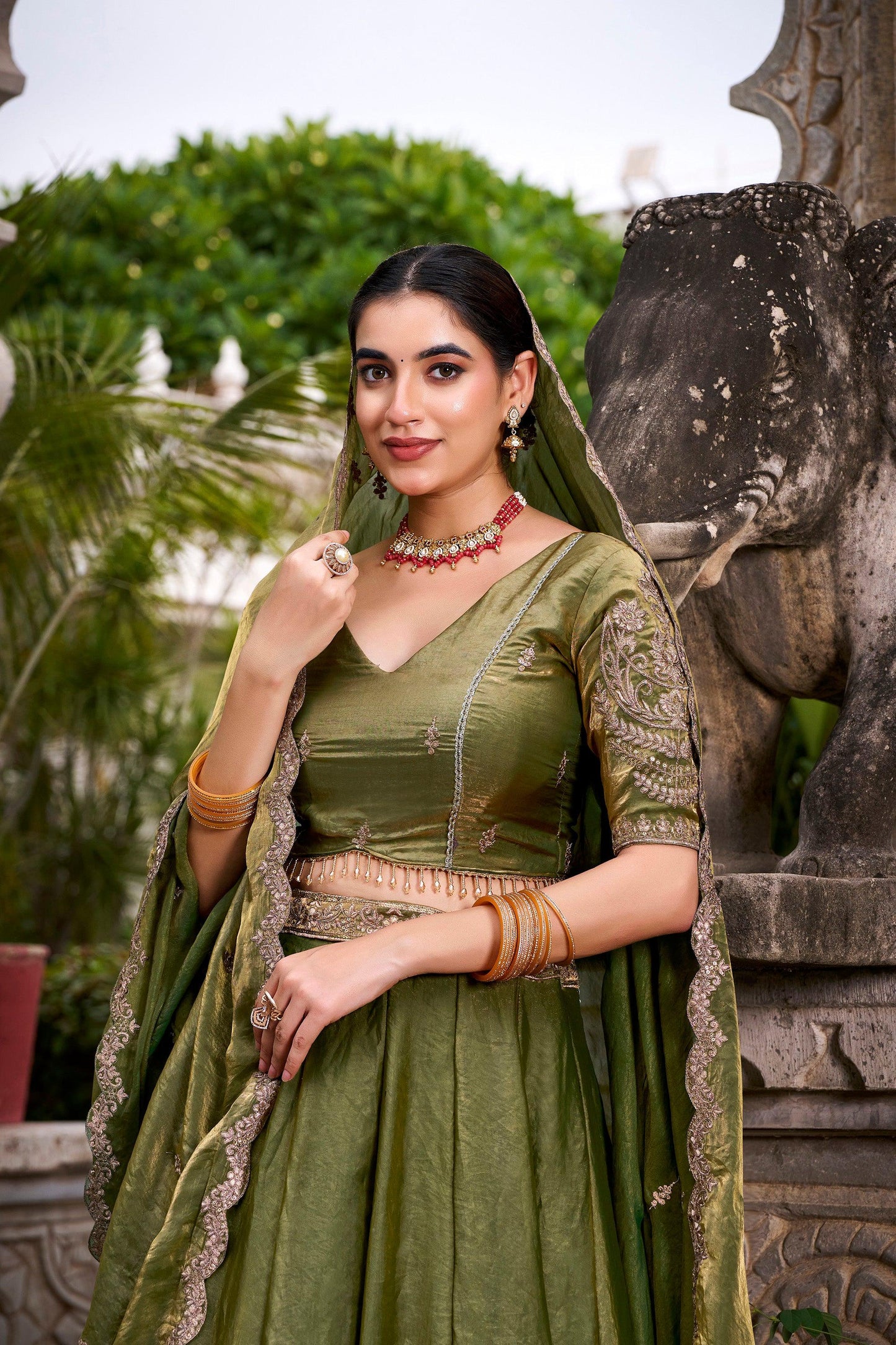 Lorenvalley Fashion Mahendi Fendi Silk Sequins and Thread Embroidery Work Belt Lehenga Choli with Dupatta - Swadesiicart