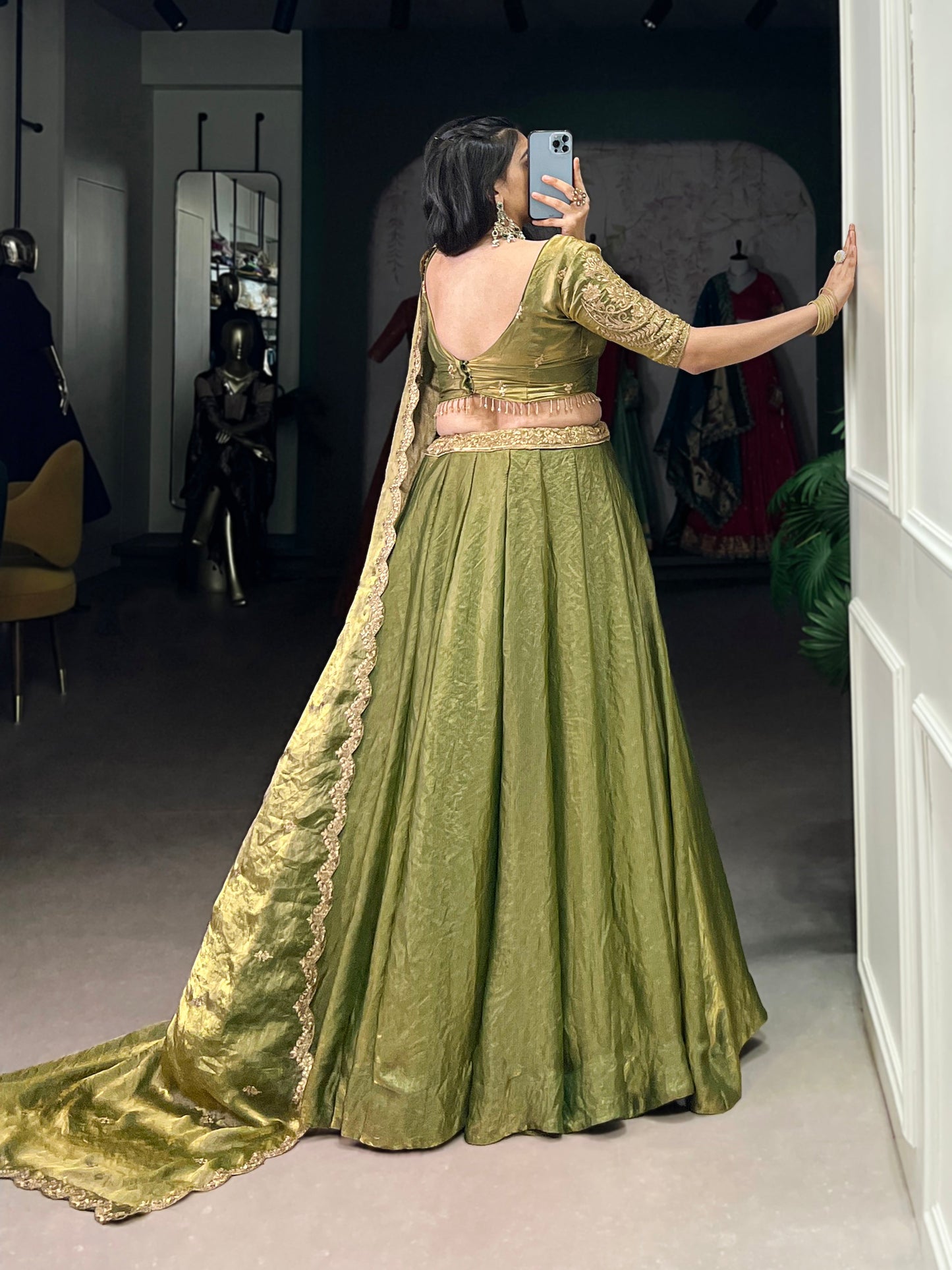 Lorenvalley Mahendi Fendi Silk Sequins and Thread Embroidery Work Belt Lehenga Choli with Dupatta | Swadesiicart