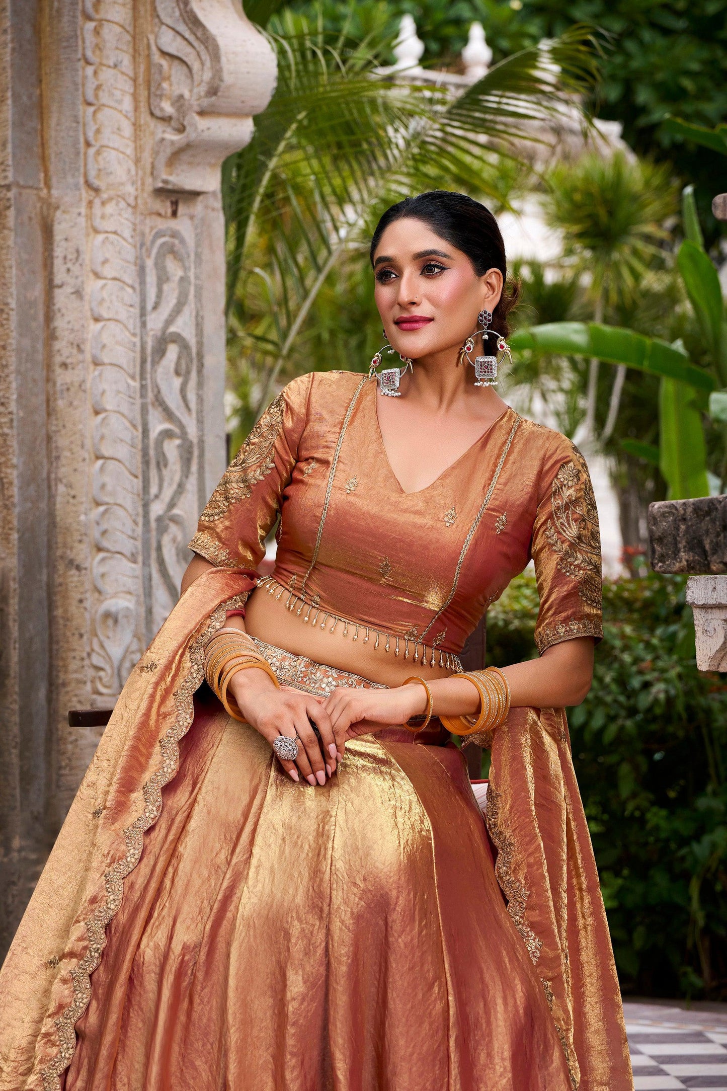 Lorenvalley Fashion Rosegold Fendi Silk Sequins and Thread Embroidery Work Belt Lehenga Choli with Dupatta - Swadesiicart