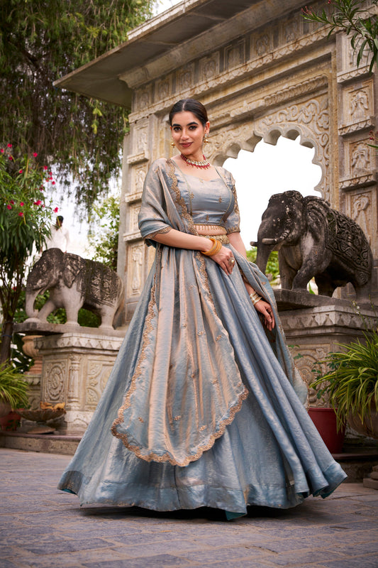 Lorenvalley Fashion Skyblue Fendi Silk Sequins and Thread Embroidery Work Belt Lehenga Choli with Dupatta - Swadesiicart