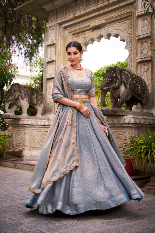 Lorenvalley Fashion Skyblue Fendi Silk Sequins and Thread Embroidery Work Belt Lehenga Choli with Dupatta - Swadesiicart