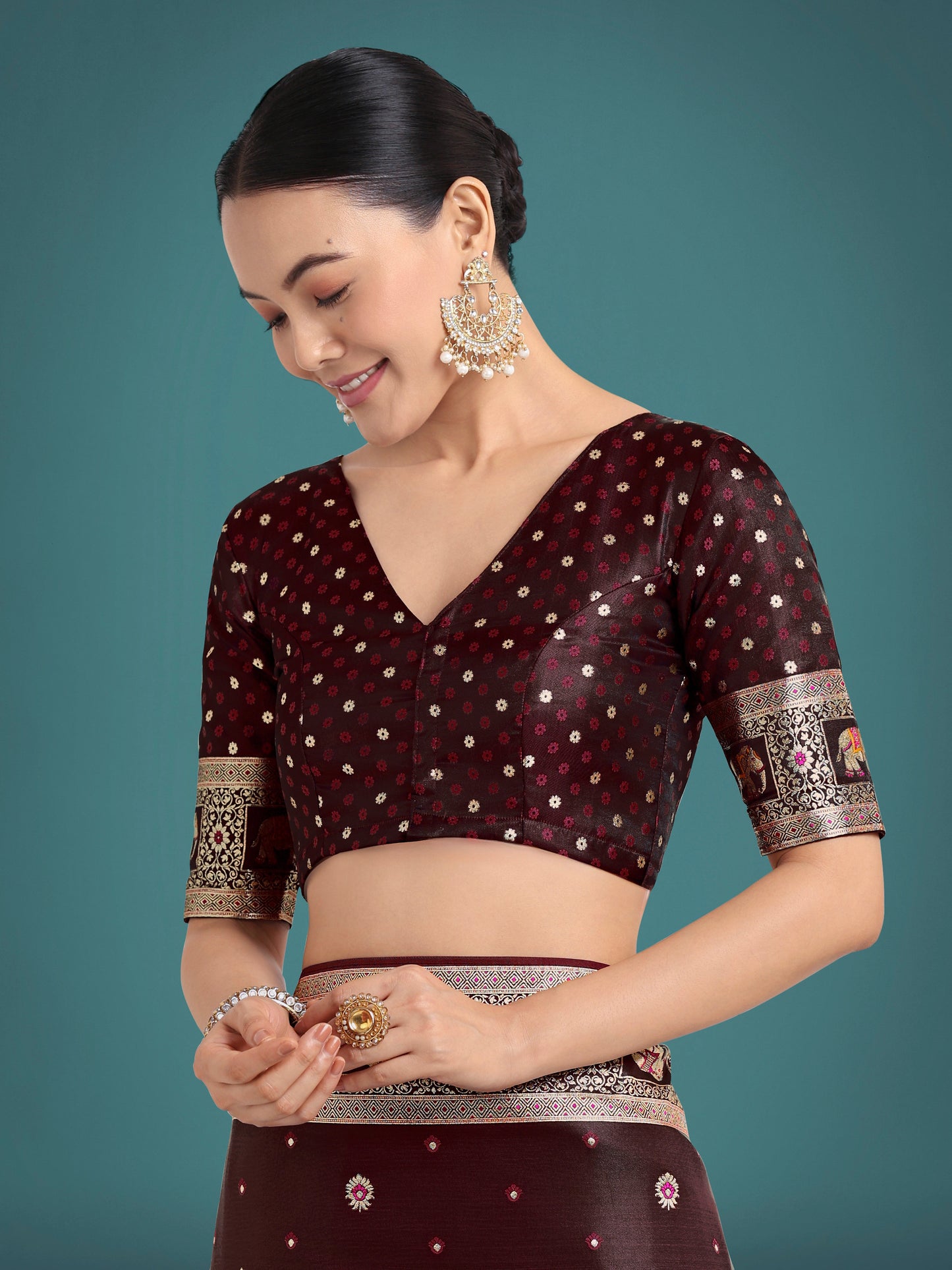 Monjolika Fashion Gorgeous Maroon Woven Banarasi Designer Satin Silk Saree | Swadesiicart