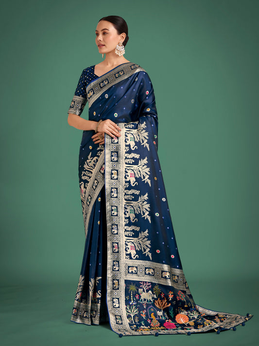 Monjolika Fashion Gorgeous Blue Woven Banarasi Designer Satin Silk Saree | Swadesiicart