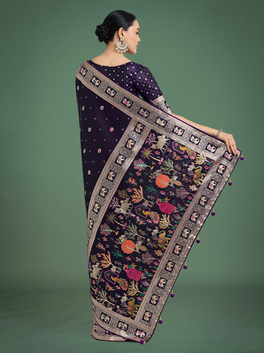 Monjolika Fashion Gorgeous Purple Woven Banarasi Designer Satin Silk Saree | Swadesiicart