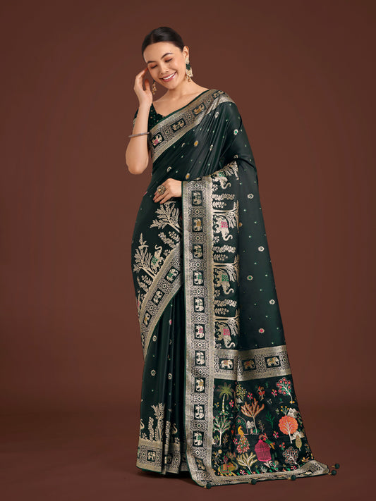 Monjolika Fashion Gorgeous Dark Green Woven Banarasi Designer Satin Silk Saree | Swadesiicart