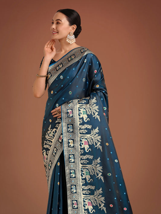 Monjolika Fashion Gorgeous Dark Teal Woven Banarasi Designer Satin Silk Saree | Swadesiicart
