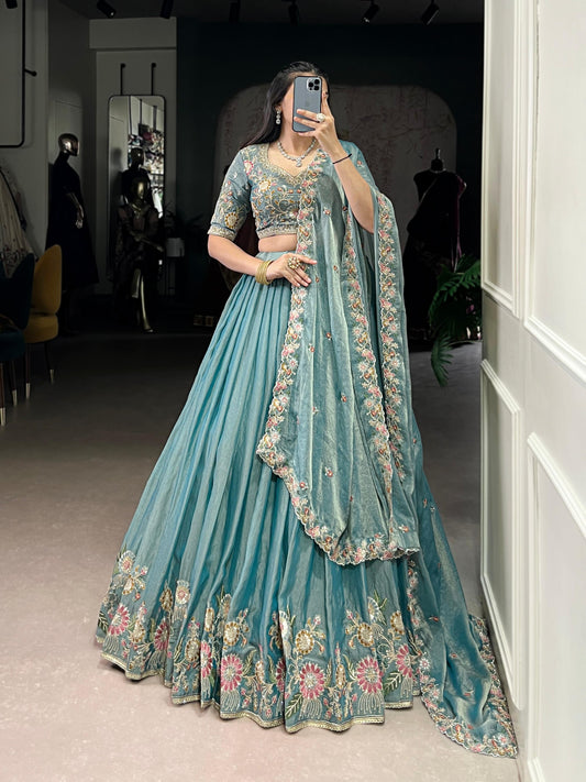 Lorenvalley Fashion Skyblue Zari Shimmer Sequins and Thread Embroidery Work Lehenga Choli with Dupatta - Swadesiicart