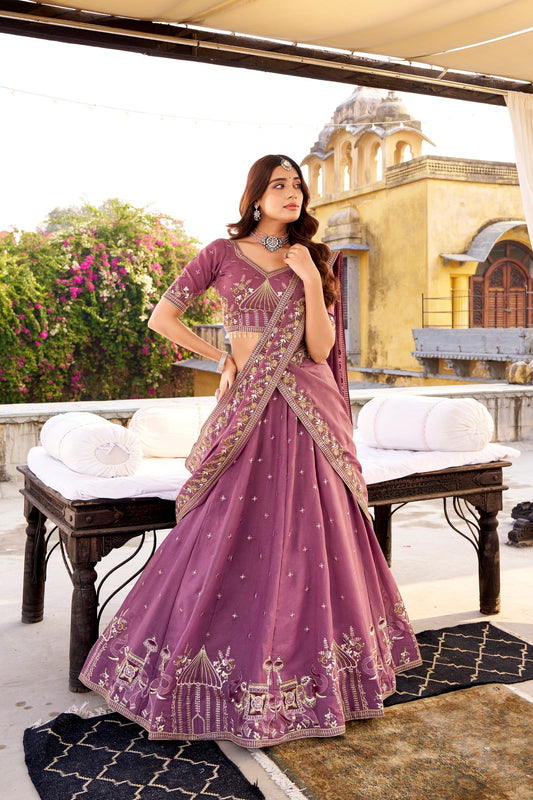 Lorenvalley Fashion Lavender Crush Silk Sequins and Thread Embroidery Work Lehenga Choli with Dupatta - Swadesiicart