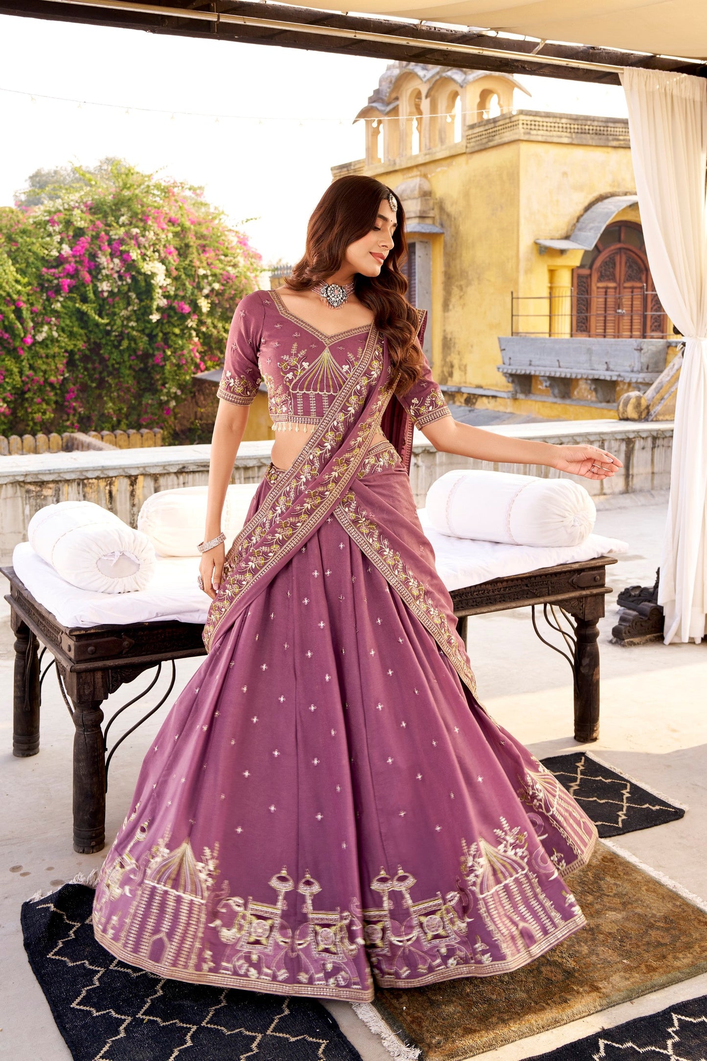 Lorenvalley Fashion Lavender Crush Silk Sequins and Thread Embroidery Work Lehenga Choli with Dupatta - Swadesiicart