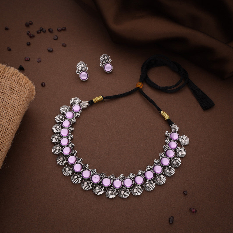 Tehzeeb Creations Silver Plated Lavender Colour Stone Jewellery Choker Necklace Set With Matching Pair of Stud Earrings - Swadesiicart