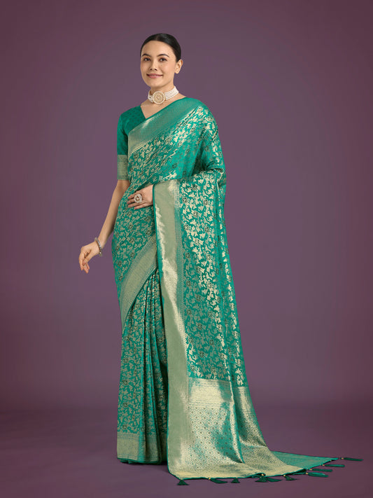 Monjolika Fashion Scintilla Turquoise Banarasi Satin Silk Meenakari zari weaving Pattern Saree | Swadesiicart