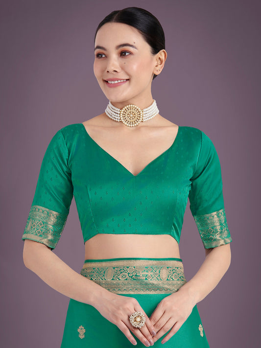 Monjolika Fashion Turquoise With Gold Bordar Banarasi Woven Satin Saree | Swadesiicart