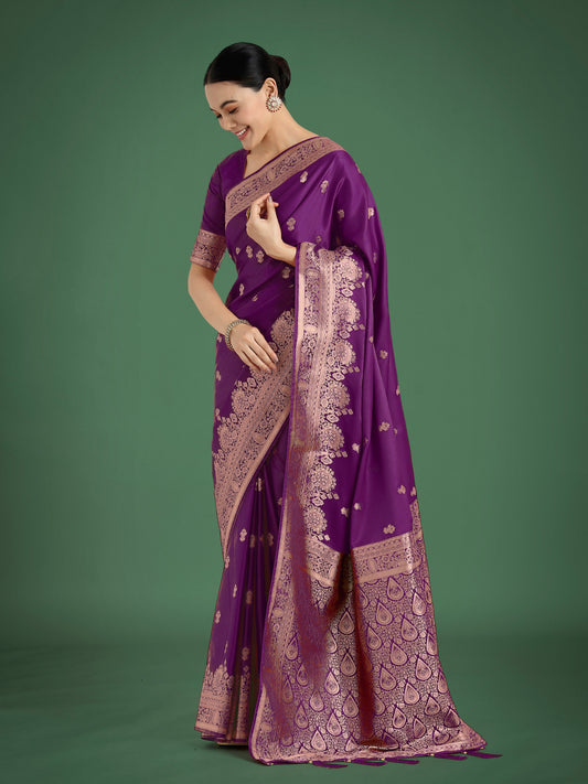 Monjolika Fashion Purple With Gold Bordar Banarasi Woven Satin Saree | Swadesiicart