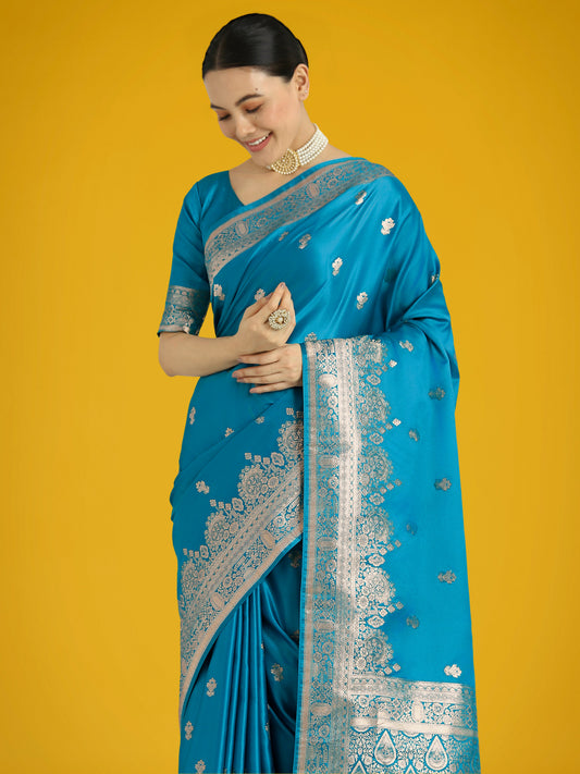 Monjolika Fashion Cyan blue With Gold Bordar Banarasi Woven Satin Saree | Swadesiicart