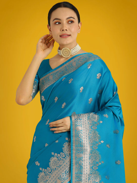 Monjolika Fashion Cyan blue With Gold Bordar Banarasi Woven Satin Saree | Swadesiicart