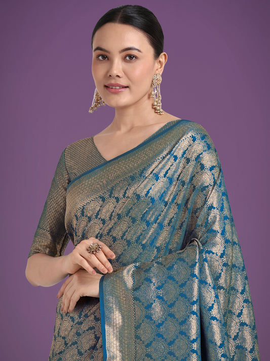 Monjolika Fashion Flattering Cyan blue Banarasi Satin Silk Zari Weaving Work Designer Saree | Swadesiicart