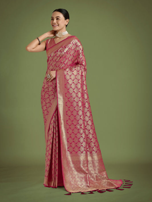 Monjolika Fashion Flattering Dark Pink Banarasi Satin Silk Zari Weaving Work Designer Saree | Swadesiicart