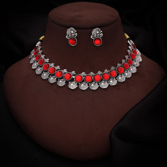 Tehzeeb Creations Silver Plated Red Colour Stone Jewellery Choker Necklace Set With Matching Pair of Stud Earrings - Swadesiicart