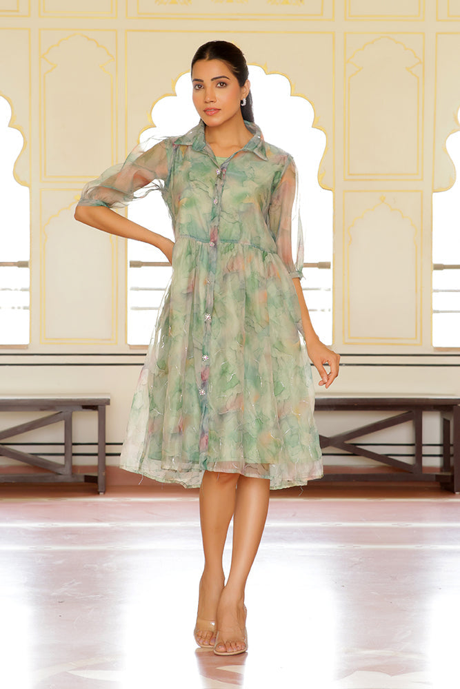 Vaasva Women Green Organza Marble Printed Dress | Swadesiicart