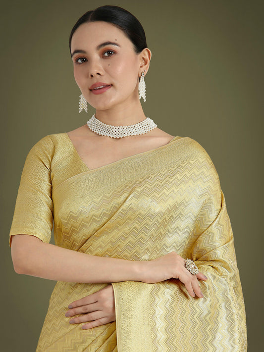 Monjolika Fashion Wonderful Light Yellow Soft Banarasi Satin Silk Leheriya Design Saree | Swadesiicart
