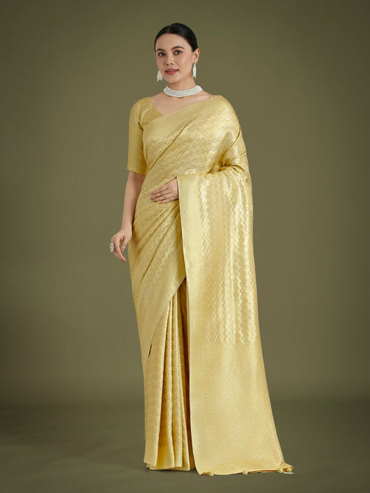 Monjolika Fashion Wonderful Light Yellow Soft Banarasi Satin Silk Leheriya Design Saree | Swadesiicart