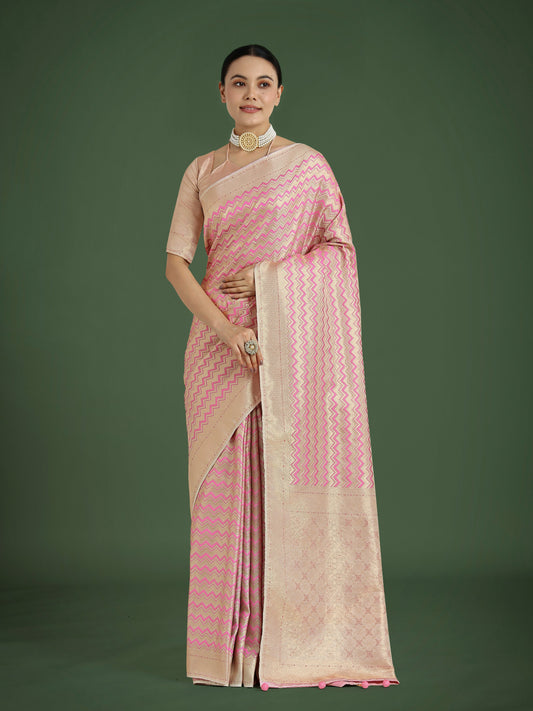 Monjolika Fashion Wonderful Light Pink Soft Banarasi Satin Silk Leheriya Design Saree | Swadesiicart
