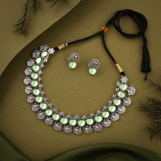 Tehzeeb Creations Silver Plated See Green Colour Stone Jewellery Choker Necklace Set With Matching Pair of Stud Earrings - Swadesiicart