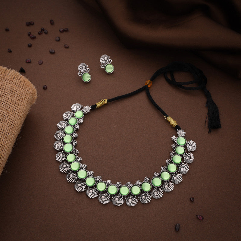 Tehzeeb Creations Silver Plated See Green Colour Stone Jewellery Choker Necklace Set With Matching Pair of Stud Earrings - Swadesiicart