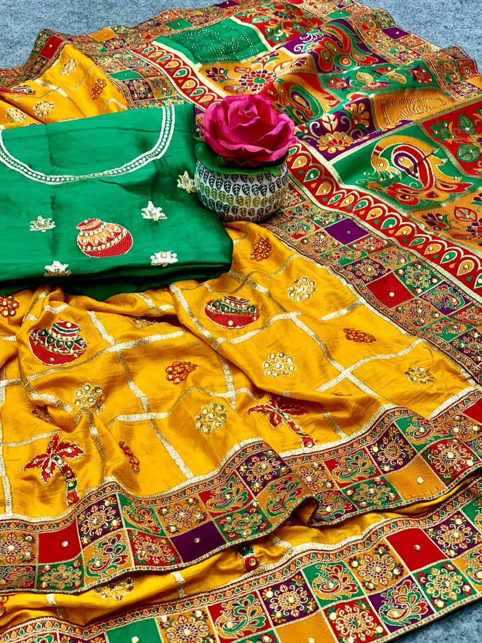 Lorenvalley Fashion Premium Yellow Dola Silk Embroidery and Diamond work with Jacquard Lace Border Saree - Swadesiicart