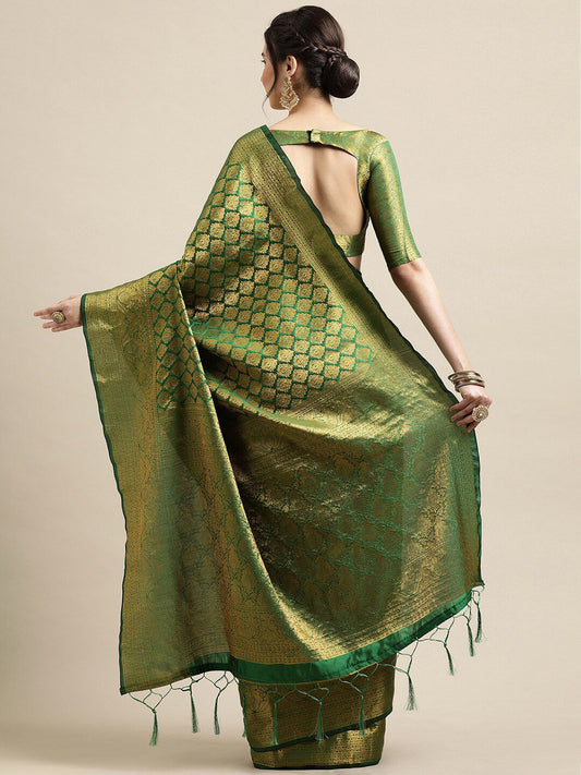 Saree Mall Green & Gold-Toned Woven Design Zari Silk Blend Banarasi Saree | Swadesiicart