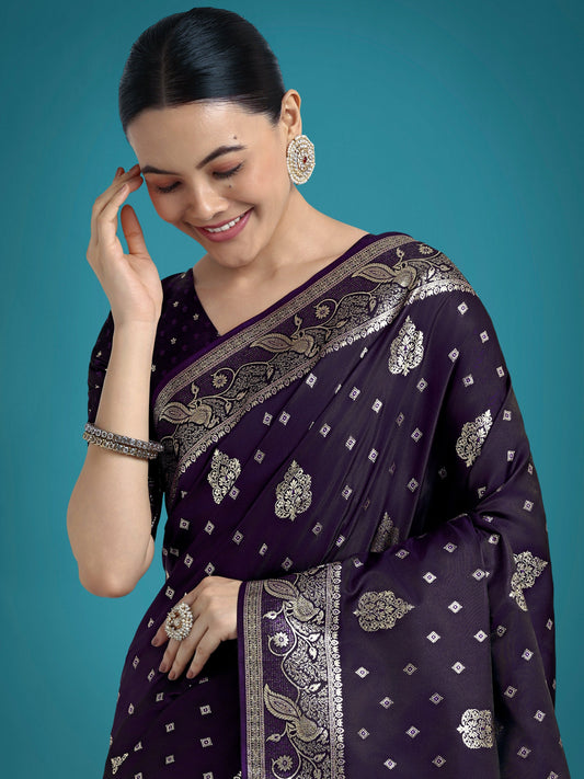 Monjolika Fashion Traditional Purple Woven Banarasi Satin Silk Saree | Swadesiicart