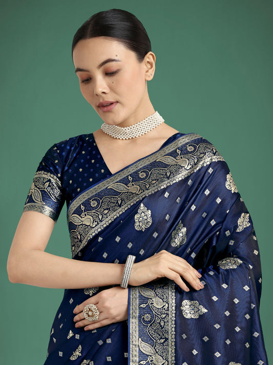 Monjolika Fashion Traditional Blue Woven Banarasi Satin Silk Saree | Swadesiicart