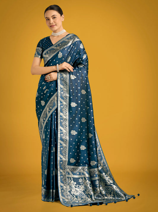 Monjolika Fashion Traditional Aqua blue Woven Banarasi Satin Silk Saree | Swadesiicart
