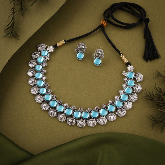 Tehzeeb Creations Silver Plated Sky Blue Colour Stone Jewellery Choker Necklace Set With Matching Pair of Stud Earrings - Swadesiicart