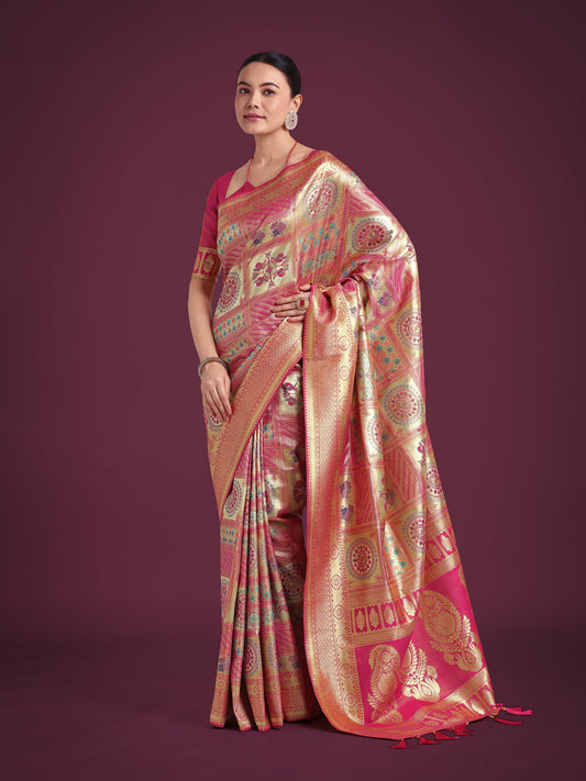 Monjolika Fashion Charming Rani Pink and Gold Soft Banarasi satin Silk Saree With Pretty Blouse Piece | Swadesiicart