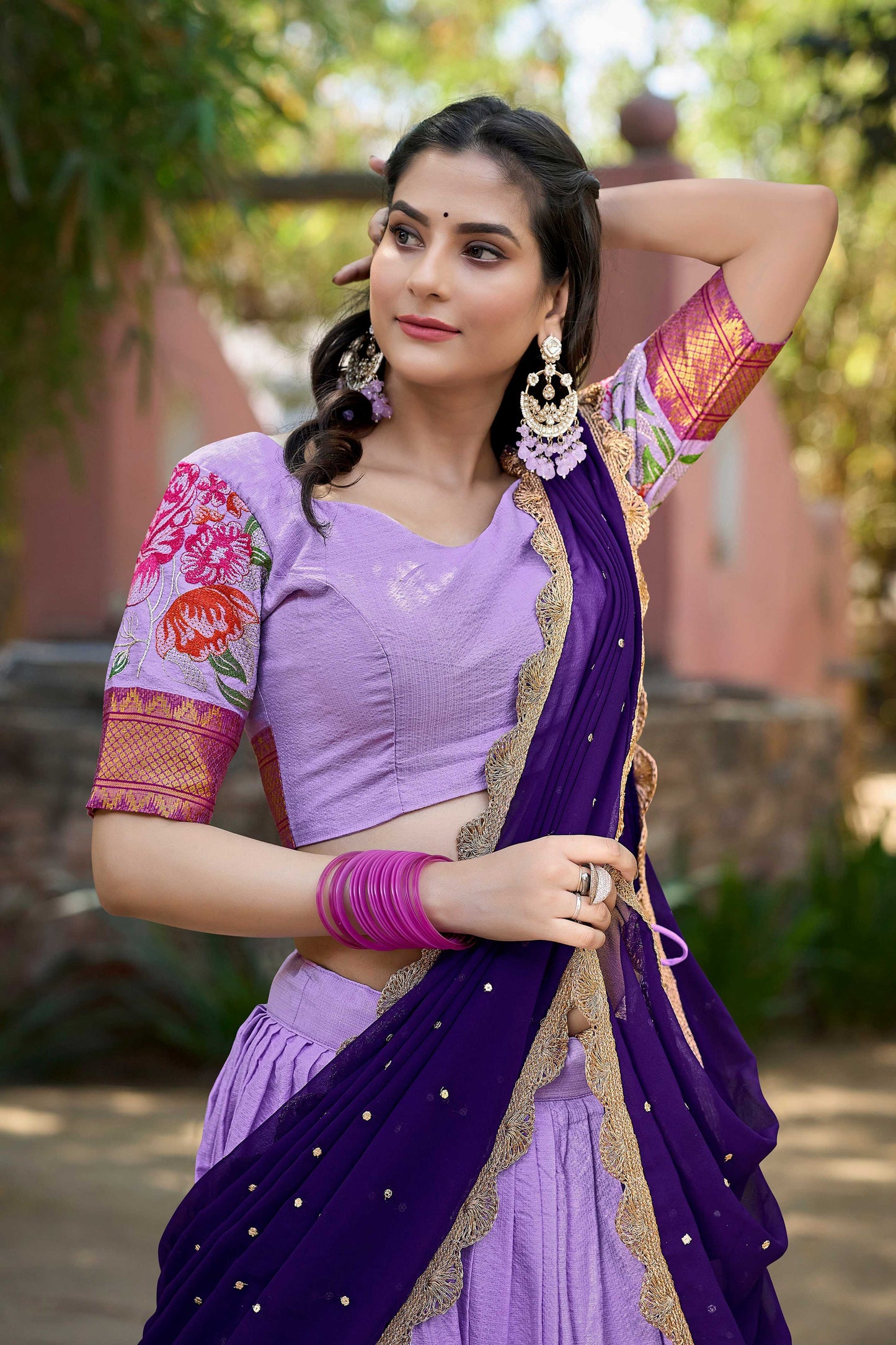Lorenvalley Fashion Lavender Cotton Silk Thread Embroidery Work Lehenga Choli with Dupatta - Swadesiicart