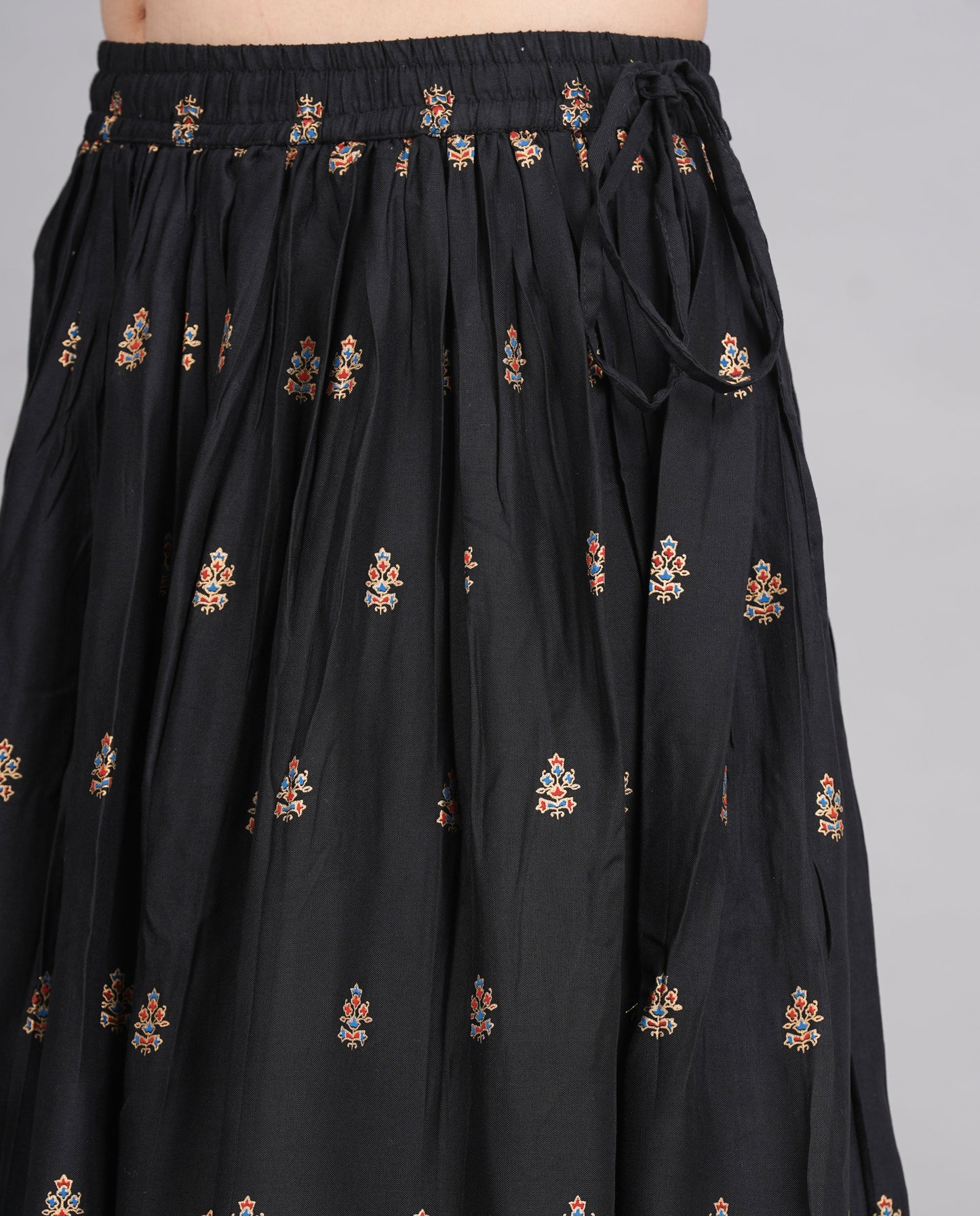 House of RP Women's Black & Golden Rayon Ethnic Printed Circular Skirt | Swadesiicart