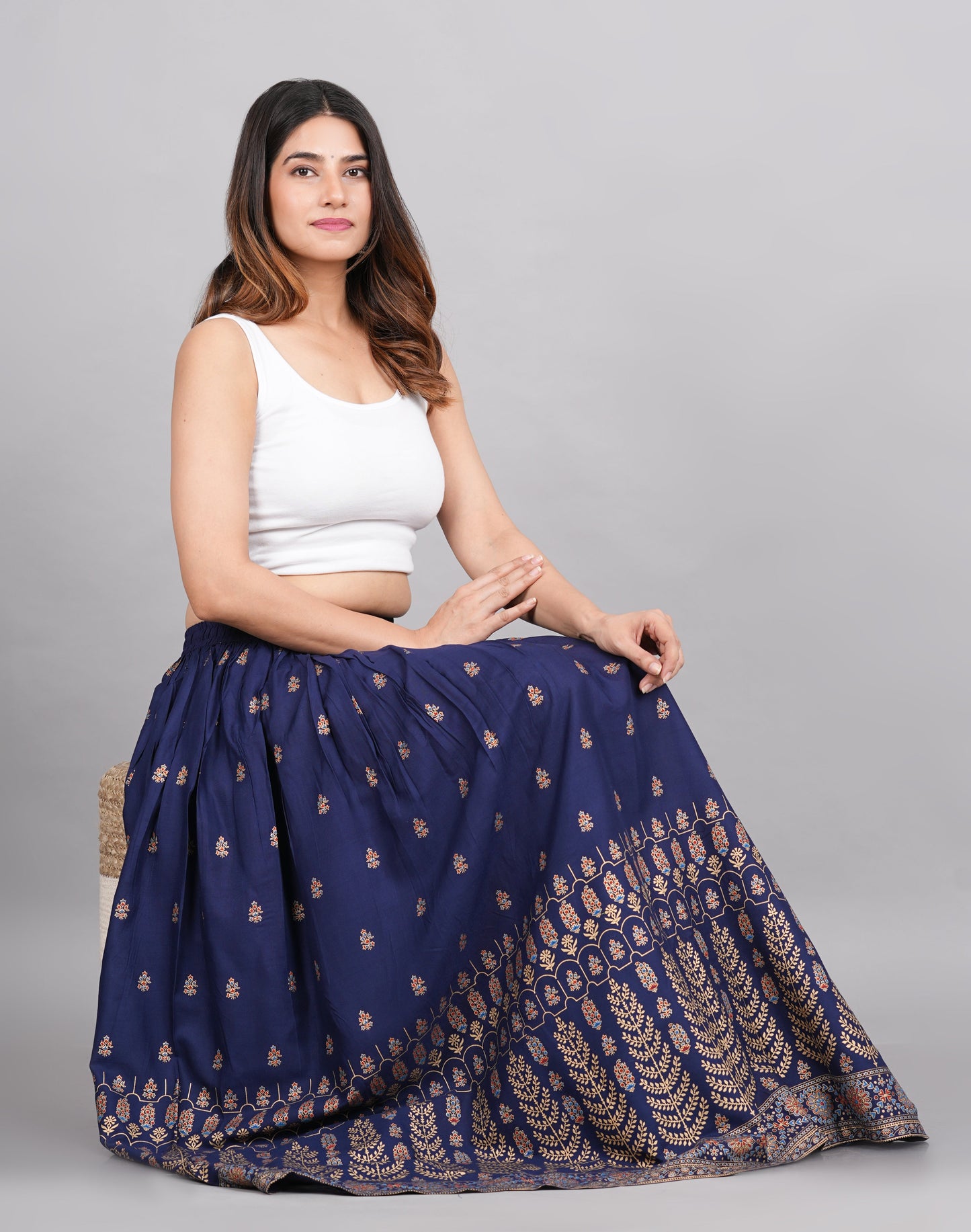 House of RP Women's Blue Rayon Ethnic Printed Circular Skirt | Swadesiicart