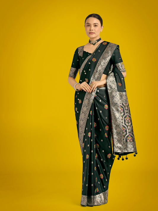 Monjolika Fashion Dark Green Charming Soft Banarasi Zari Woven Designer Satin Silk Saree With Lovely Blouse Piece | Swadesiicart
