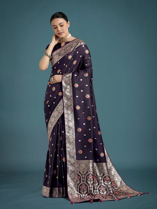 Monjolika Fashion Purple Charming Soft Banarasi Zari Woven Designer Satin Silk Saree With Lovely Blouse Piece | Swadesiicart