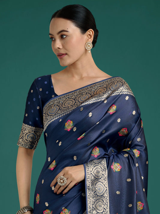 Monjolika Fashion Navy blue Charming Soft Banarasi Zari Woven Designer Satin Silk Saree With Lovely Blouse Piece | Swadesiicart