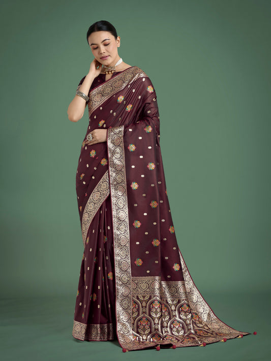 Monjolika Fashion Maroon Charming Soft Banarasi Zari Woven Designer Satin Silk Saree With Lovely Blouse Piece | Swadesiicart