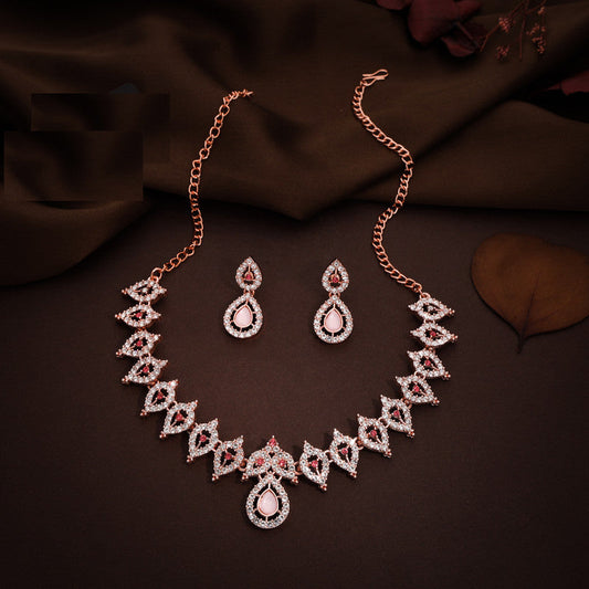 Tehzeeb Creations Pink Colour Diamond Choker Necklace Jewellery Set With Matching Pair of Earrings For Women And Girls - Swadesiicart